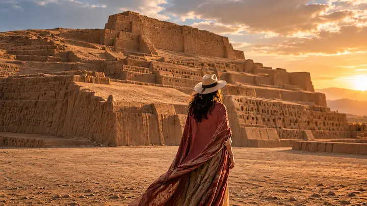 Traveler in a red shawl watching the sunset at Huaca Pucllana, on Peru's northern coast