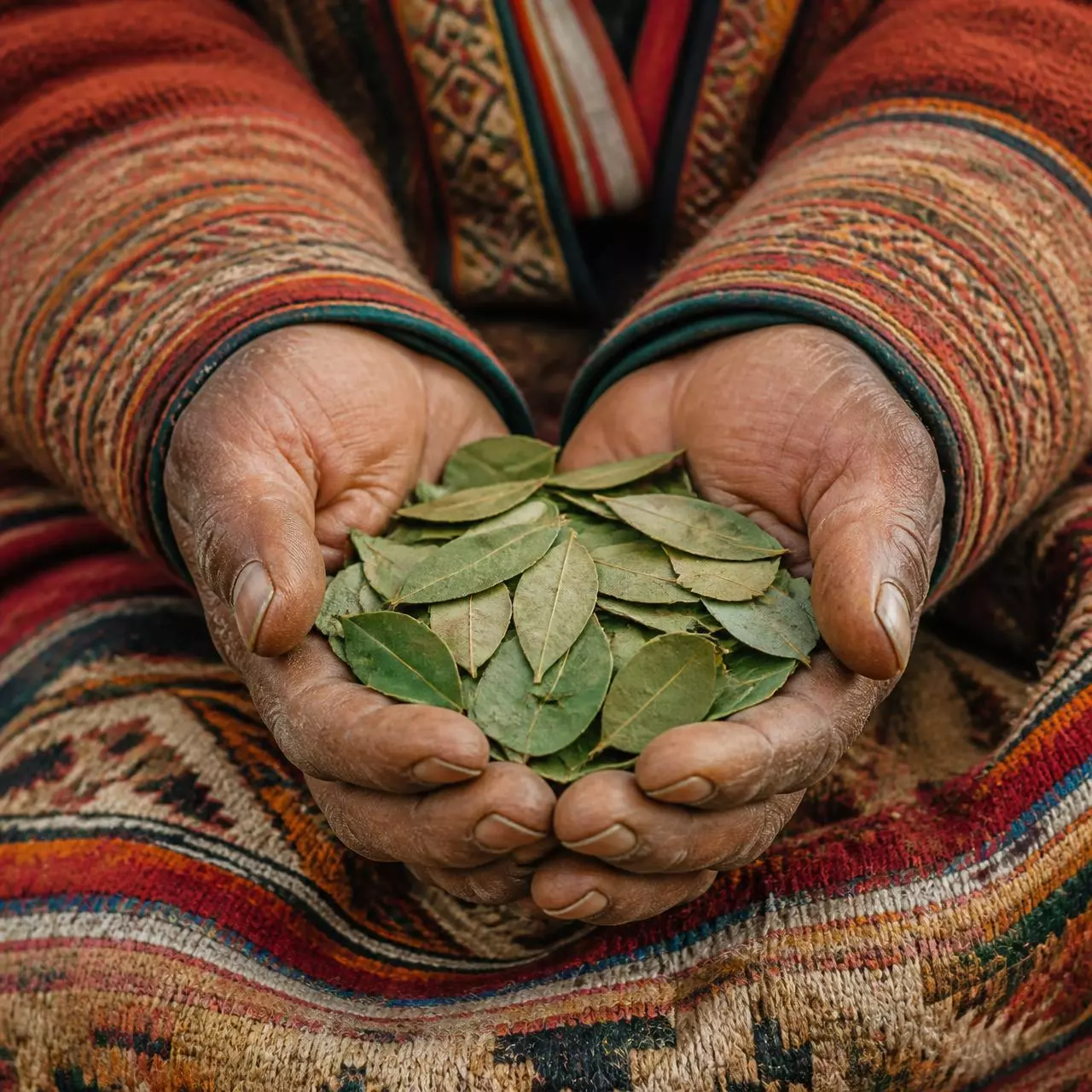 Hands offering coca leaves over a traditional Andean textile